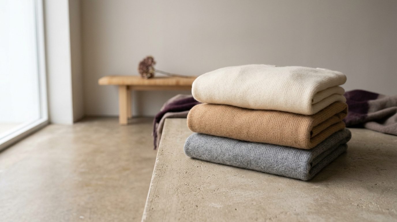 Drei gefaltete Kaschmirpullover übereinander in Creme, Camel und Hellgrau auf einer hellen Steinfläche