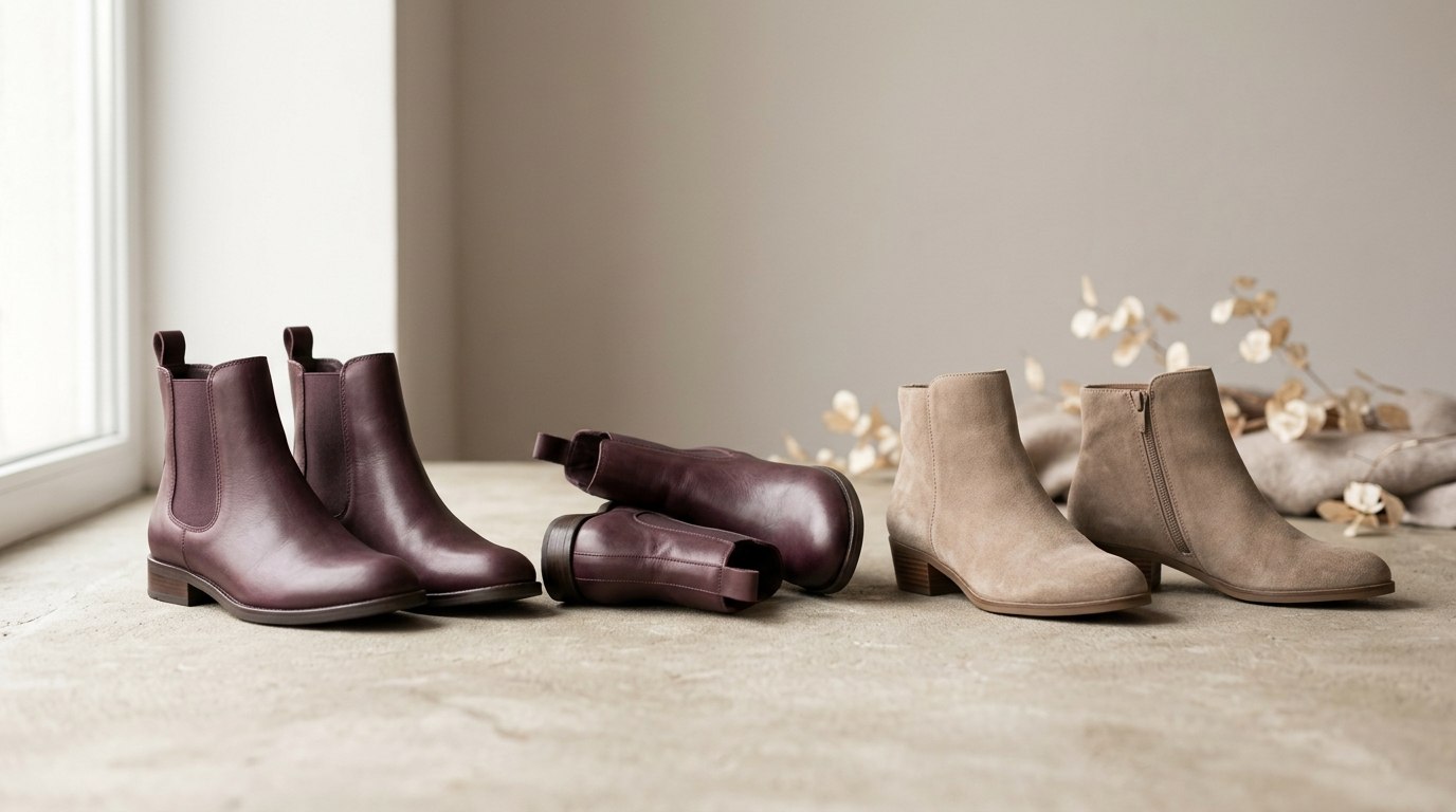 Zwei Paar Stiefeletten auf hellem Steinboden: dunkelrote Chelsea-Boots und taupefarbene Wildleder-Stiefeletten, daneben getrocknete Zweige